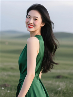 草原回眸一下长卷发美女写真图片